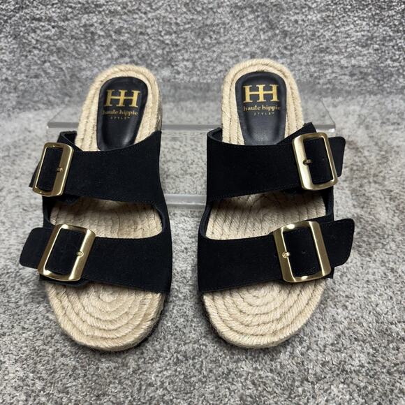 Haute Hippie Style Sandals Womens Size 6.5 Black Espadrille Double Buckle Slides - Picture 3 of 9